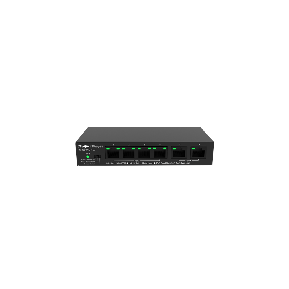 Ruijie Reyee RG-ES106D-P 6 Port 10/100 Fast Ethernet Switch 2 Uplink 4 POE+(58W)