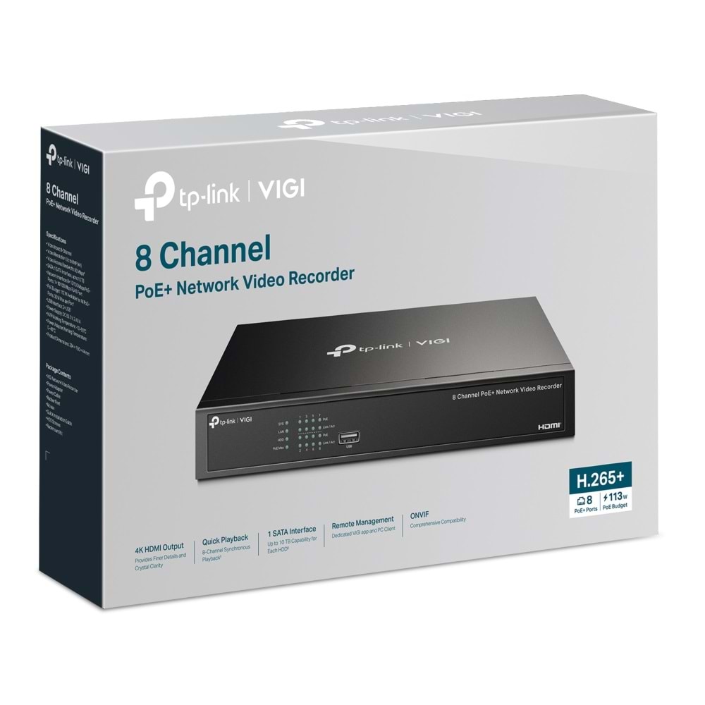 Vigi NVR1008H-8MP V1.2 8 Kanal 1 Sata PoE+ NVR ( H265+, 113W )