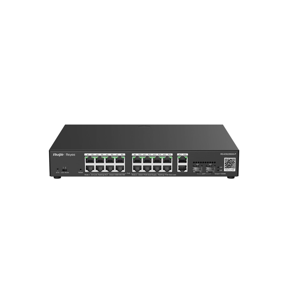 Ruijie Reyee RG-ES220GS-P 16-Port +2XGB RJ45/SFP(250W) Yön. Uplink Cloud Switch 