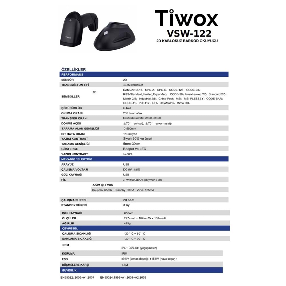 Tiwox VSW-122 2D USB Kablosuz (Wi-Fi +Batarya+Cradle) Barkod Okuyucu