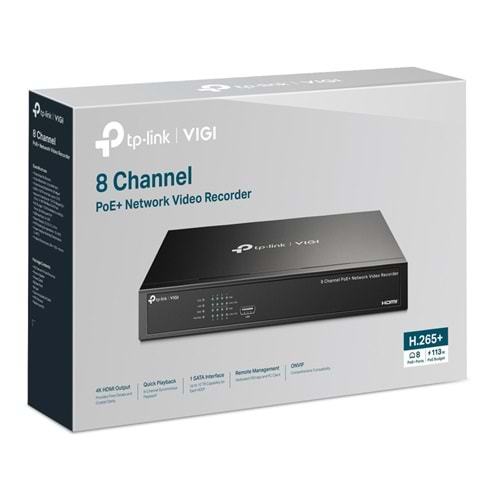 Vigi NVR1008H-8MP V1.2 8 Kanal 1 Sata PoE+ NVR ( H265+, 113W )