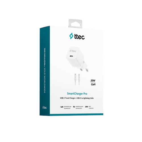 TTEC 2SCP01LB SMARTCHARGER GAN 20W PD SEYAHAT HIZLI ŞARJ ALETİ + USB-C - LIGHTNING 150CM KABLO