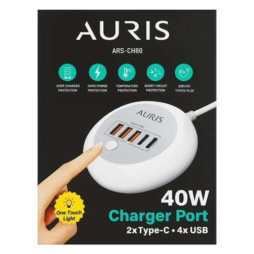 AURIS CH80 IŞIKLI MASA ÜSTÜ 40W ŞARJ STANDI 4X USB-A VE 2X TYPE-C ÇIKIŞ