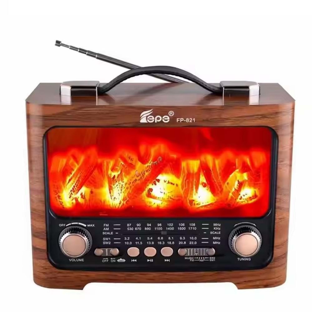 FEPE FP-821 ŞÖMİNE EFEKTLİ RETRO AHŞAP GÖRÜNÜMLÜ USB TF GİRİŞLİ AM/FM/SW1-2 NOSTALJİK RADYOLU BLUETOOTH HOPARLÖR