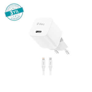 TTEC SmartCharger 2SCP01LB 20W PD Seyahat Hızlı Şarj Aleti + USB-C - Lightning 150cm Kablo Beyaz