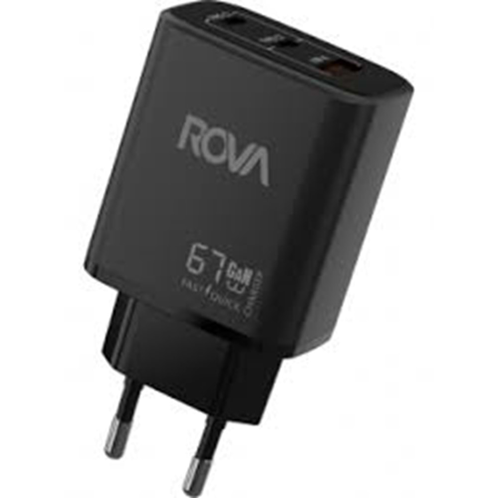 Rova SB120 67W 3 Port (2x Type-C + 1x Usb-A) Pd Hızlı Şarj Adaptörü – Güvenlik Sertifikalı, Siyah